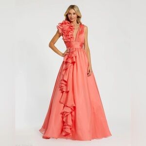 Mac Duggal  Ruffle Shoulder V-Neck Chiffon Gown